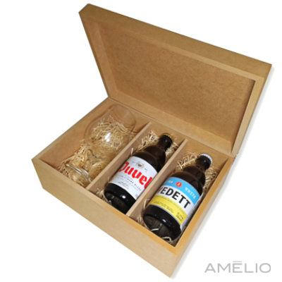 Kit Cerveja com Taça e 2 Cervejas na caixa de MDF