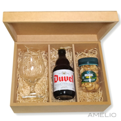 Kit Cerveja com Taça, nuts e 1 Cerveja na caixa de MDF