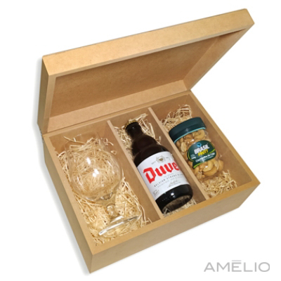 Kit Cerveja com Taça, nuts e 1 Cerveja na caixa de MDF