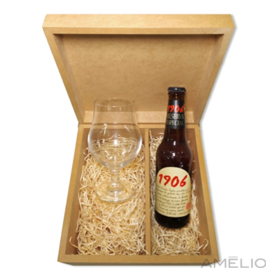 Kit Cerveja com 1 cerveja da Espanha e Taça na caixa de MDF